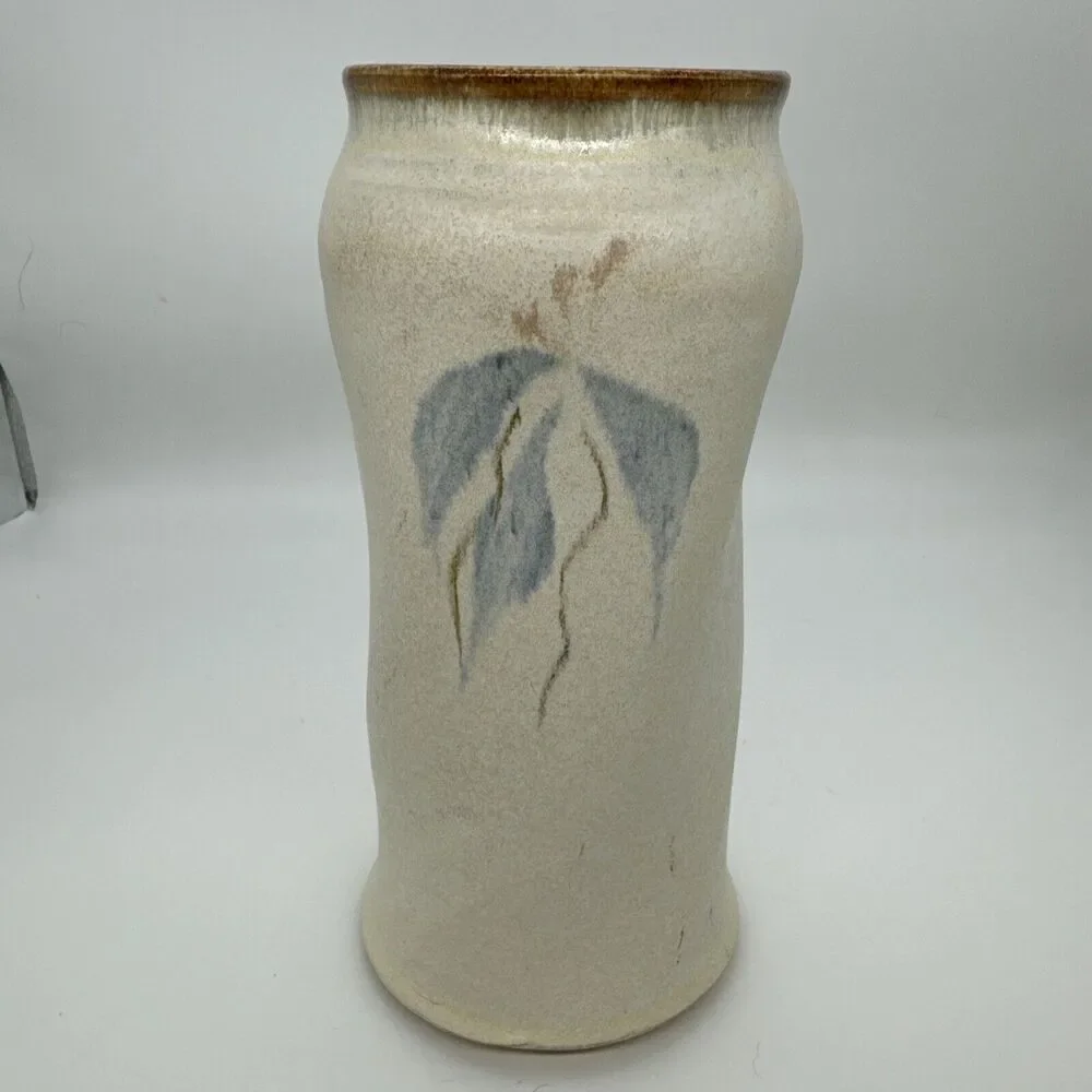 Handmade Ceramic Vase Abstract Blue Leaf Design Rustic Earth Tone Table‎ Decor